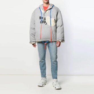 Off-White herrejakke med graffiti-alfabet-trykk, dobbeltsidig design og glidelås, løs passform, grå