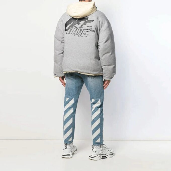 Off-White herrejakke med graffiti-alfabet-trykk, dobbeltsidig design og glidelås, løs passform, grå