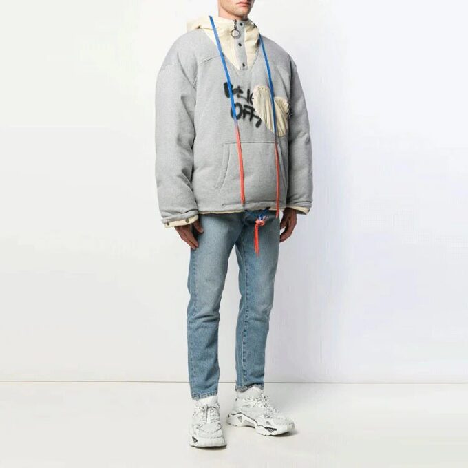 Off-White herrejakke med graffiti-alfabet-trykk, dobbeltsidig design og glidelås, løs passform, grå