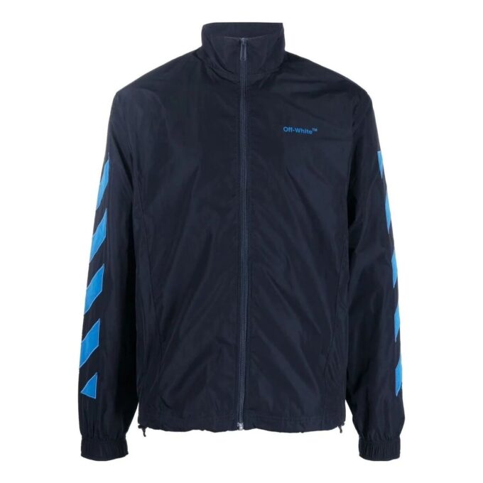 Off-White Herrejakke med logo-trykk, mønster og glidelås i stående krage, svart