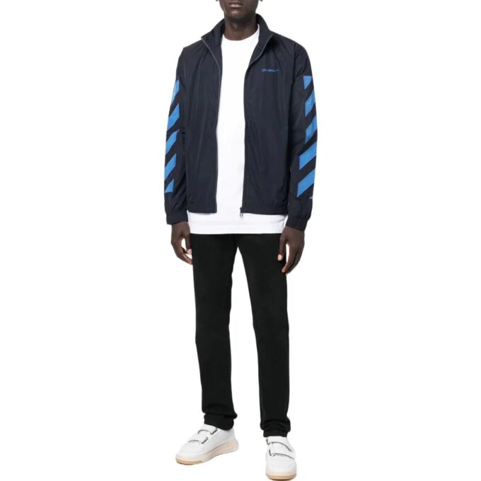 Off-White Herrejakke med logo-trykk, mønster og glidelås i stående krage, svart