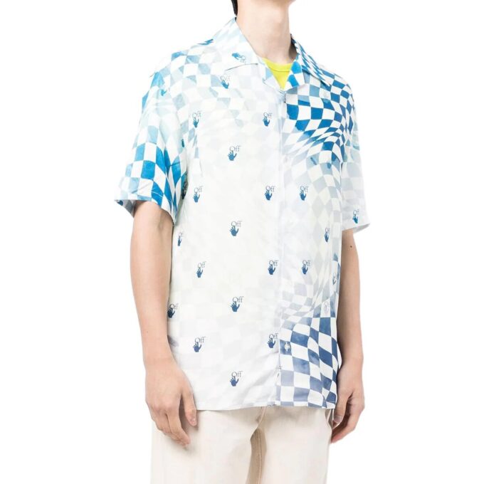 Off-White herreskjorte med logo-trykk og korte ermer i blått