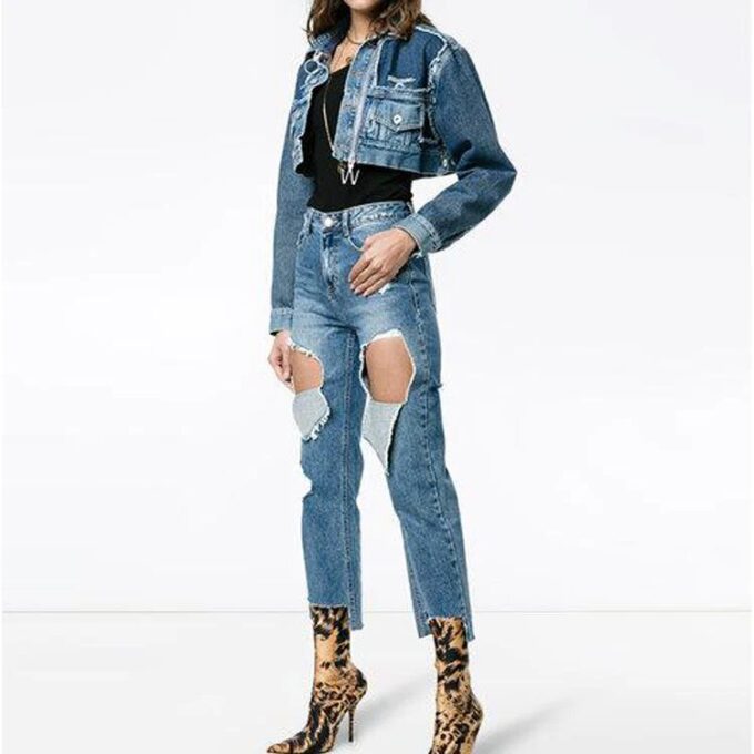 Off-White kort jeansjakke med glidelås, blå
