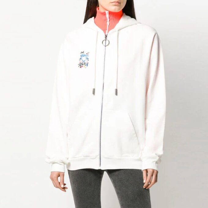 Off-White langermet hettegenser med glidelås, vanlig versjon, kremhvit