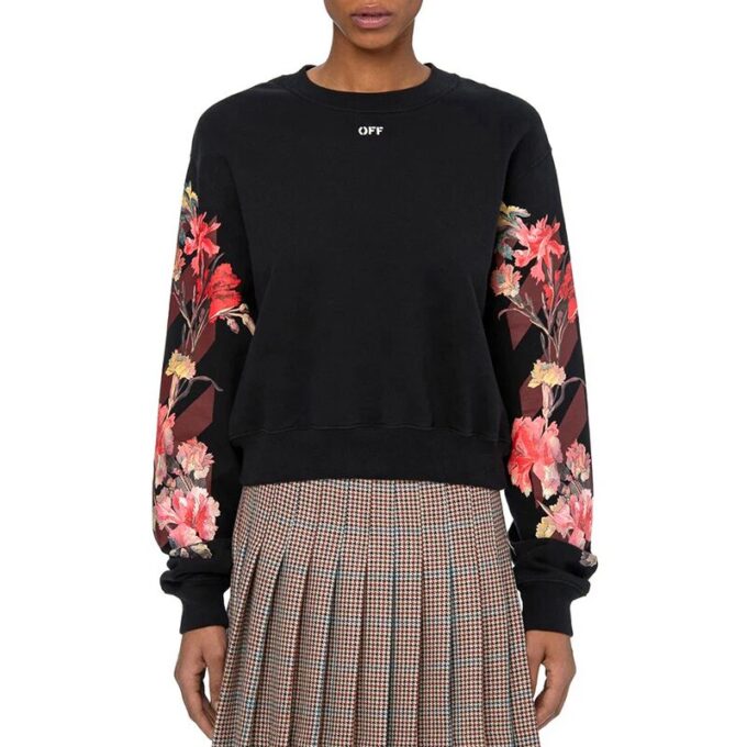 Off-White-logo, blomstertrykk, langermet hettegenser, svart