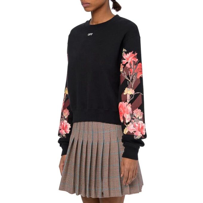 Off-White-logo, blomstertrykk, langermet hettegenser, svart