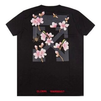 Off-White med skisse av kirsebærblomster og Arrows på ryggen, kort ermet