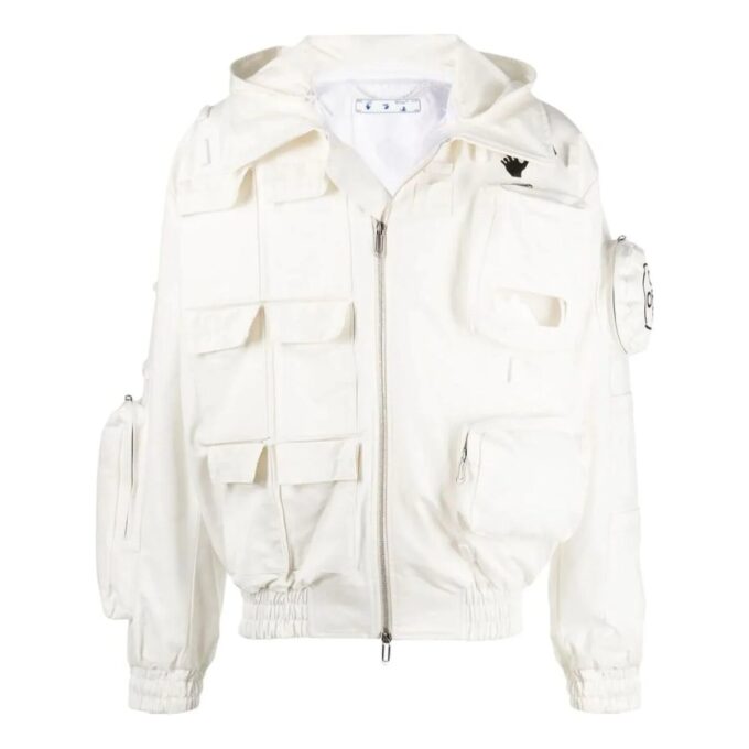 Off-White Men’s x C/O Teenage Engineering Crossover ensfarget jakke med flere lommer og glidelås, hette, hvit