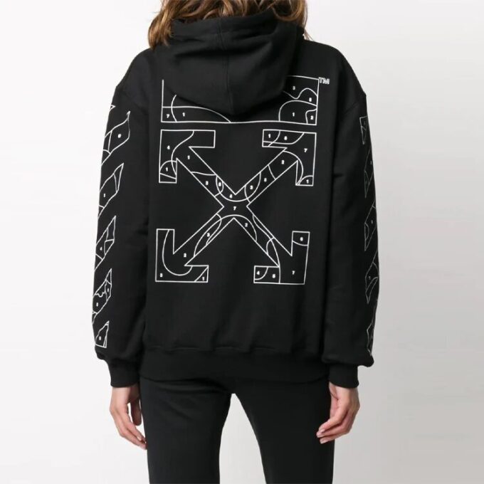 Off-White mønstertrykt hettegenser, løs passform, svart