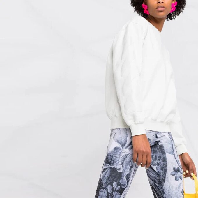 Off-White SS21 Arrow Logo-trykk Sports-hettegenser med rund hals, hvit