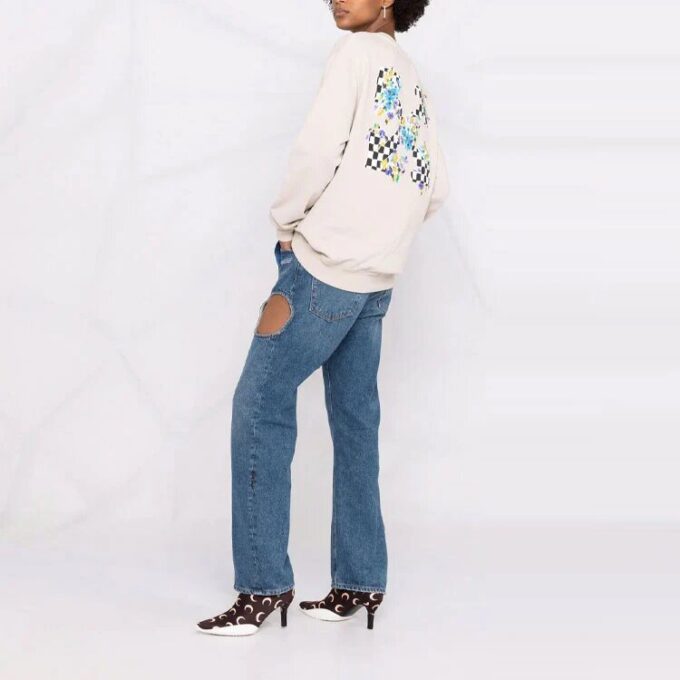Off-White SS21 Arrows Blomstertrykk Løs Passform Kremhvit Hettegenser
