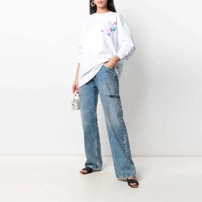 Off-White SS21-genser med trykt logomønster, rund hals og løs passform, hvit