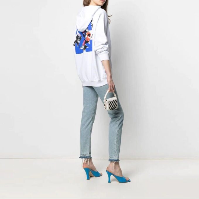 Off-White SS21 Hettegenser med brodert Flower Arrows-logo, løs passform, hvit
