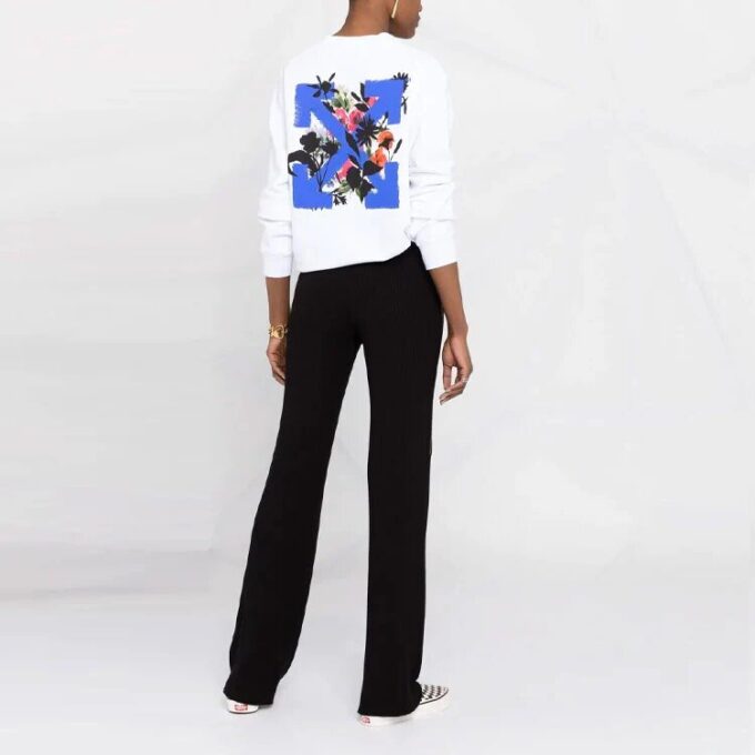 Off-White SS21 Hvit hettegenser med rund hals og trykk av blomster og pil-logo