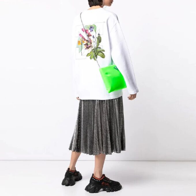 Off-White SS21 mønstertrykk, løs rundhalset langermet hvit hettegenser