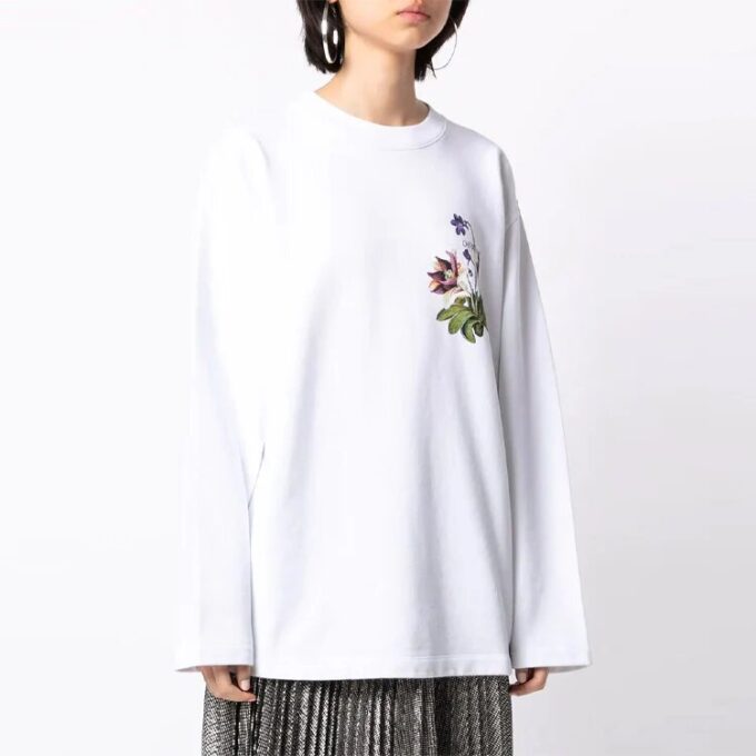 Off-White SS21 mønstertrykk, løs rundhalset langermet hvit hettegenser