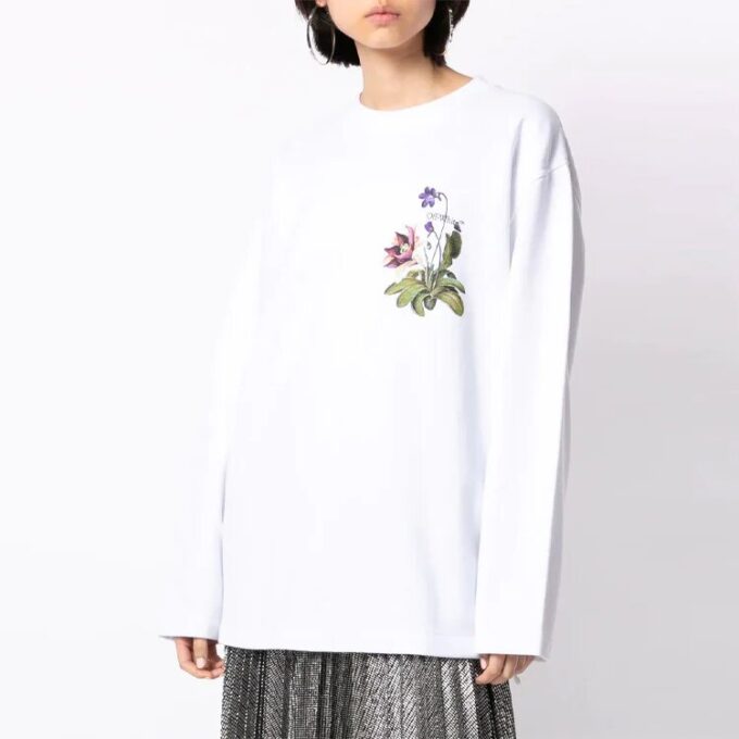 Off-White SS21 mønstertrykk, løs rundhalset langermet hvit hettegenser