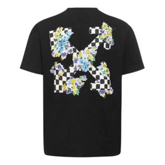 Off-White SS21 Plant Flower Plaid Rundhalset Kortærmet Slim Fit Svart T-skjorte