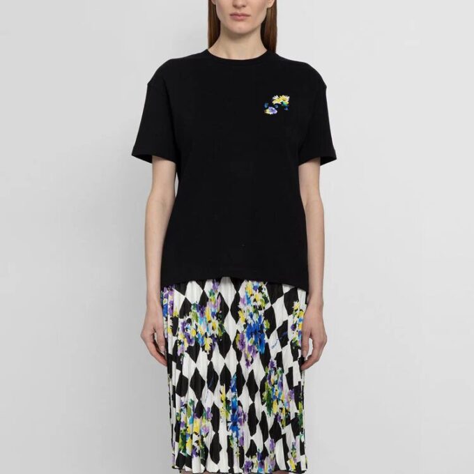 Off-White SS21 Plant Flower Plaid Rundhalset Kortærmet Slim Fit Svart T-skjorte