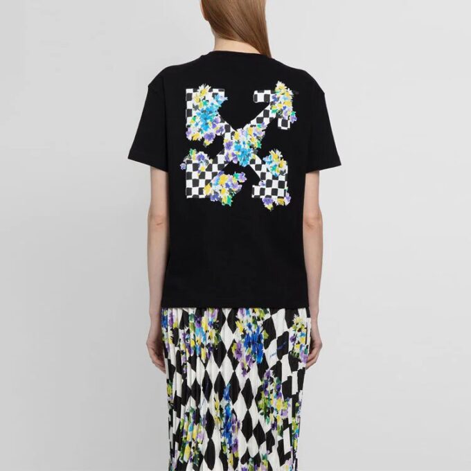 Off-White SS21 Plant Flower Plaid Rundhalset Kortærmet Slim Fit Svart T-skjorte
