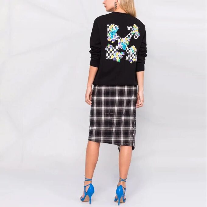 Off-White SS21 rutete blomstertrykk rundhalset langermet svart hettegenser
