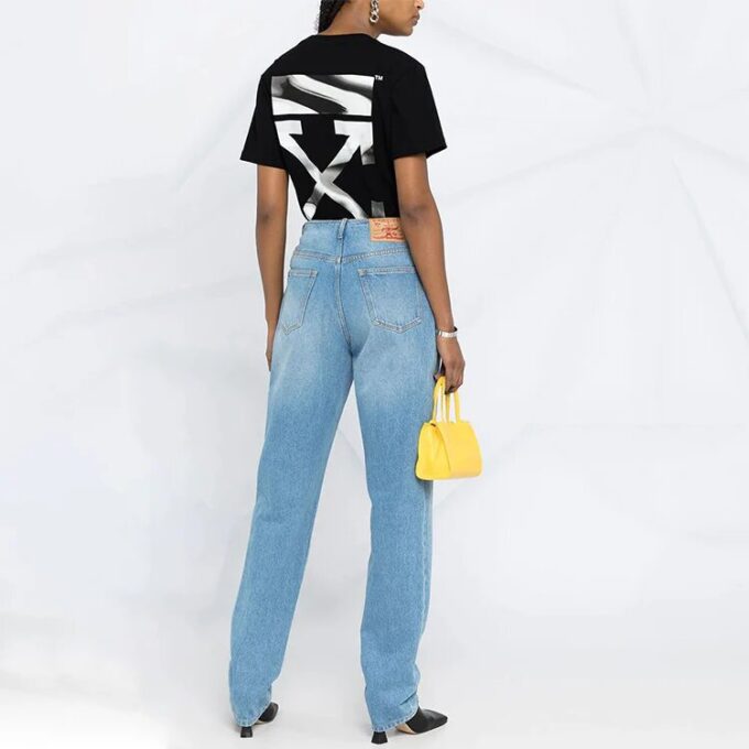 Off-White SS21 T-skjorte med kort erme, svart, med pilemønster og logo-trykk