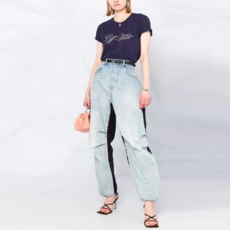 Off-White SS21 T-skjorte med logo-trykk, korte ermer, slim fit, marineblå