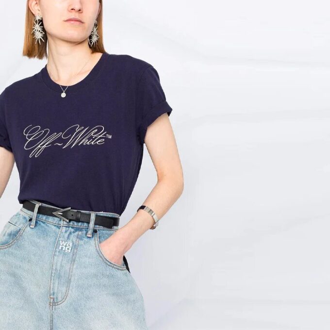 Off-White SS21 T-skjorte med logo-trykk, korte ermer, slim fit, marineblå