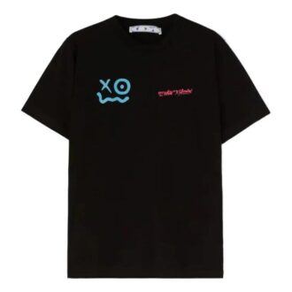 Off-White x Andr / Crossover-logo, smilende ansikt, rund hals, trykk, kort ermet, svart T-skjorte