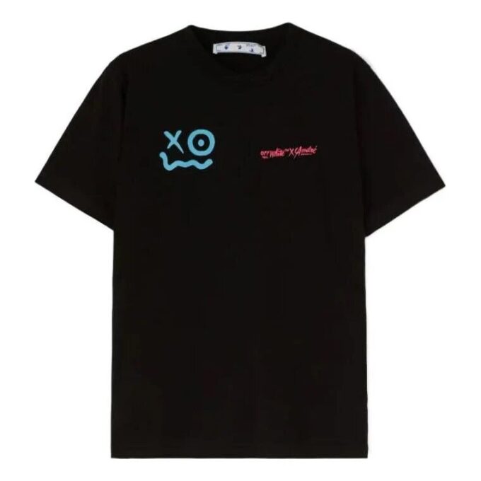 Off-White x Andr / Crossover-logo, smilende ansikt, rund hals, trykk, kort ermet, svart T-skjorte