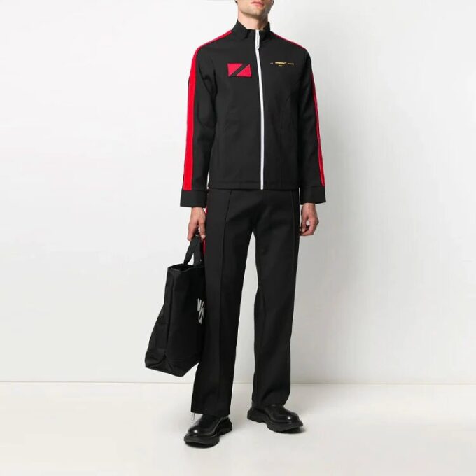 Off-White x Theophilus London Crossover Micro Mark Printing Casual Zipper Sports Jacket Svart
