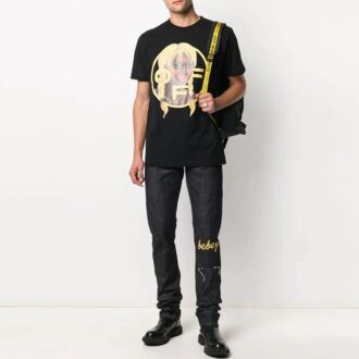 Off-White x Theophilus London Crossover-trykk, uformell rundhalset kortærmet svart Shorts