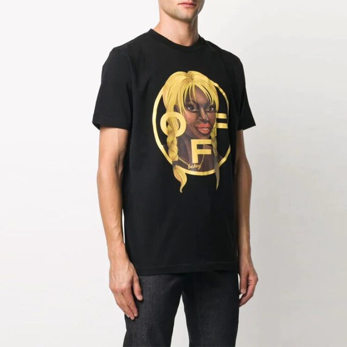 Off-White x Theophilus London Crossover-trykk, uformell rundhalset kortærmet svart Shorts