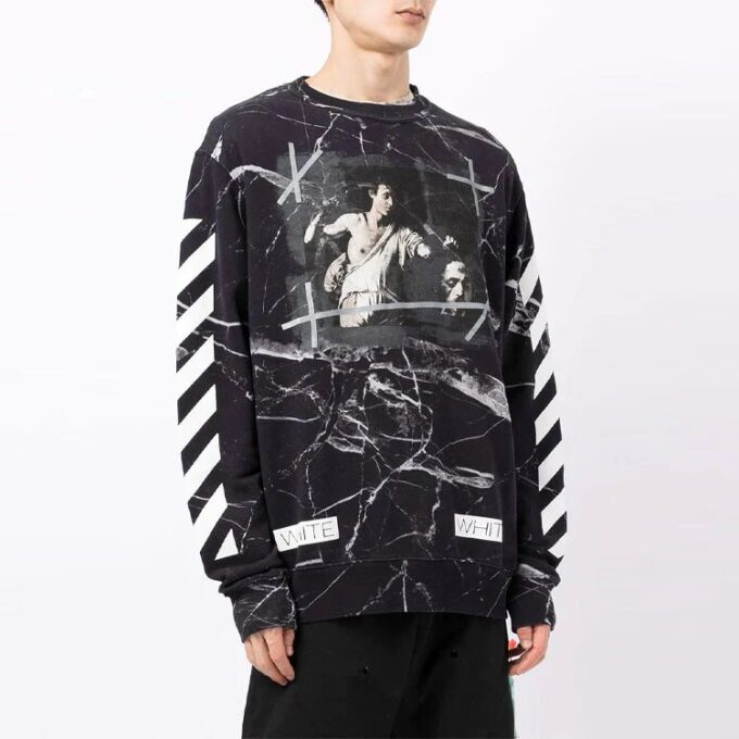 Pullover med marmormønster for menn, svart