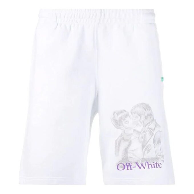Shorts med portrettmønster, hvite