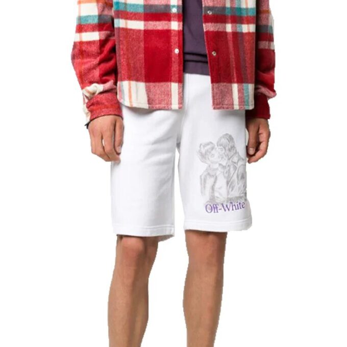 Shorts med portrettmønster, hvite