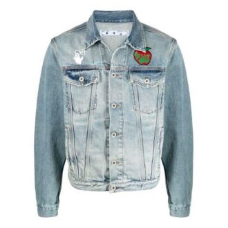 SS21 Denimjakke med Apple-logomønster, løs passform, blå