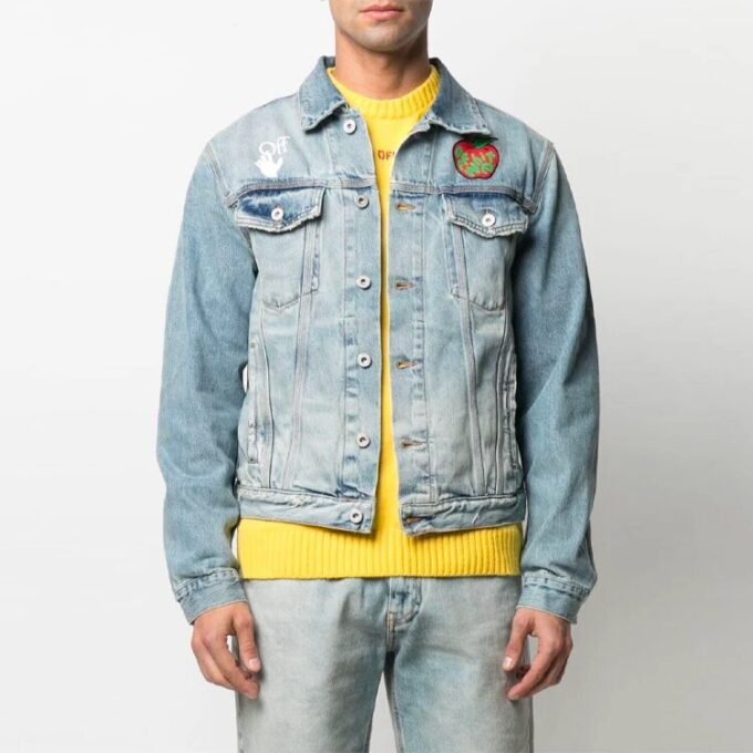 SS21 Denimjakke med Apple-logomønster, løs passform, blå