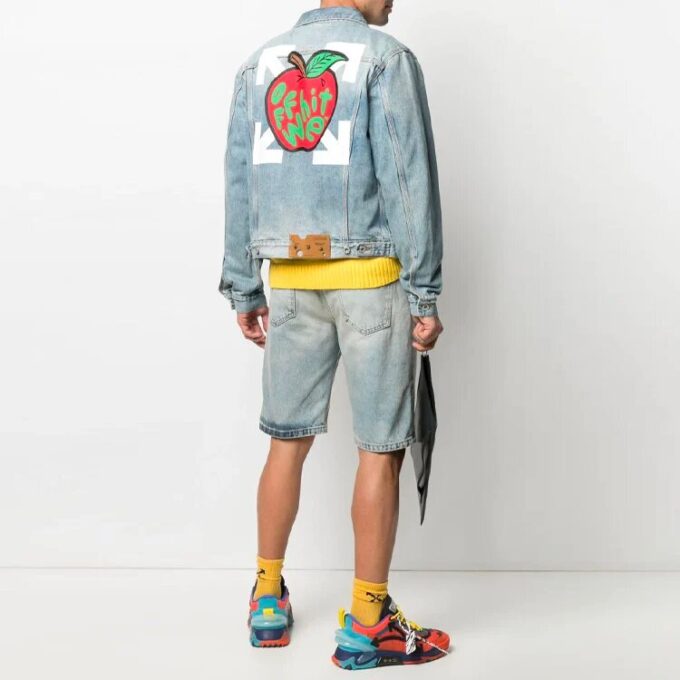 SS21 Denimjakke med Apple-logomønster, løs passform, blå