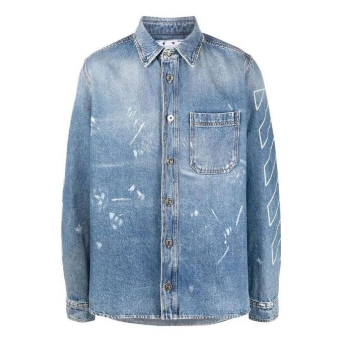 SS22 Langermet skjorte i Denim med trykt logo, vanlig versjon, blå