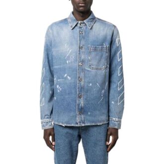 SS22 Langermet skjorte i Denim med trykt logo, vanlig versjon, blå