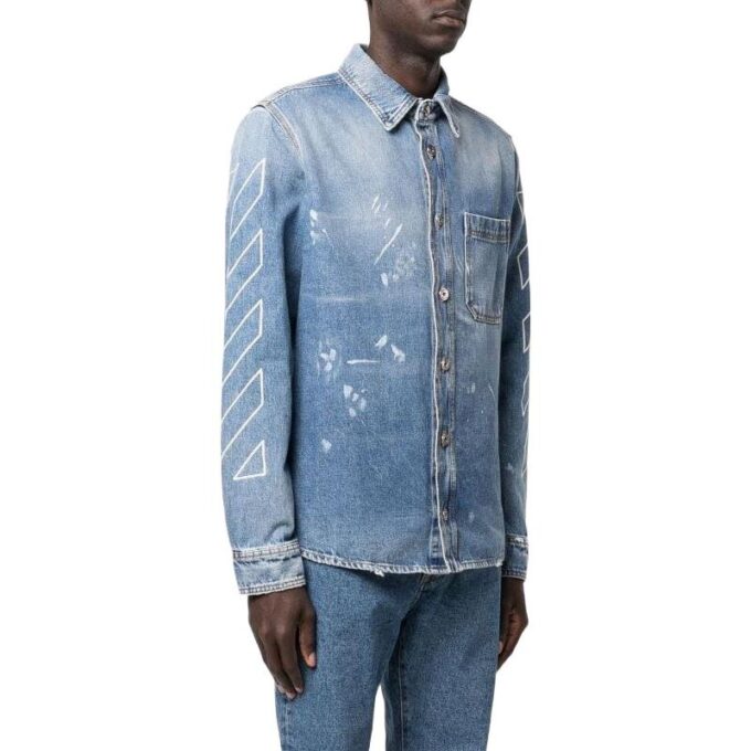 SS22 Langermet skjorte i Denim med trykt logo, vanlig versjon, blå