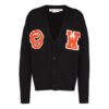 Strikket cardigan med logo-intarsia, V-hals og enkel knappestolpe, løs passform, svart