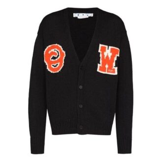 Strikket cardigan med logo-intarsia, V-hals og enkel knappestolpe, løs passform, svart