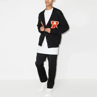 Strikket cardigan med logo-intarsia, V-hals og enkel knappestolpe, løs passform, svart
