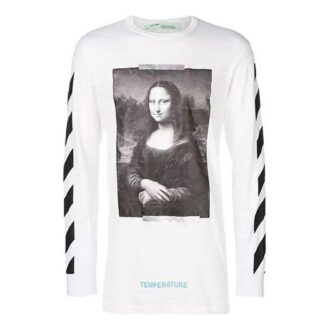Trykt Mona Lisa langermet, løs passform, unisex hvit T-skjorte