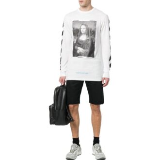 Trykt Mona Lisa langermet, løs passform, unisex hvit T-skjorte
