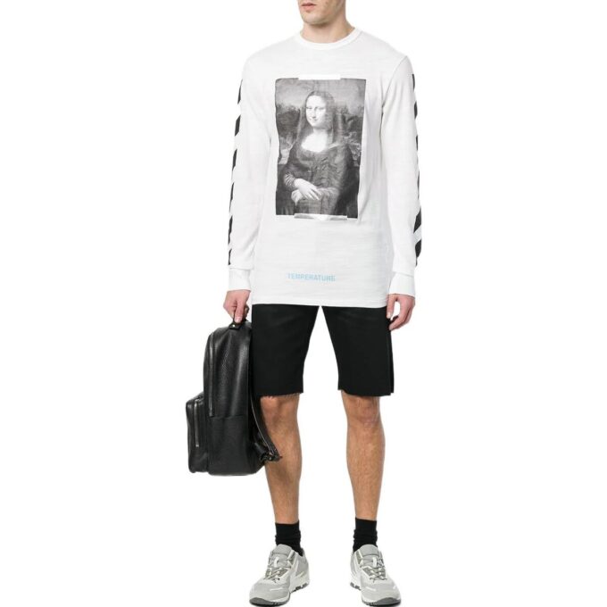 Trykt Mona Lisa langermet, løs passform, unisex hvit T-skjorte