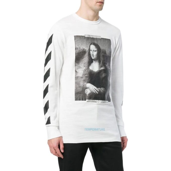 Trykt Mona Lisa langermet, løs passform, unisex hvit T-skjorte