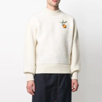 Unisex-strikkegenser med rund hals og trykk, elfenben